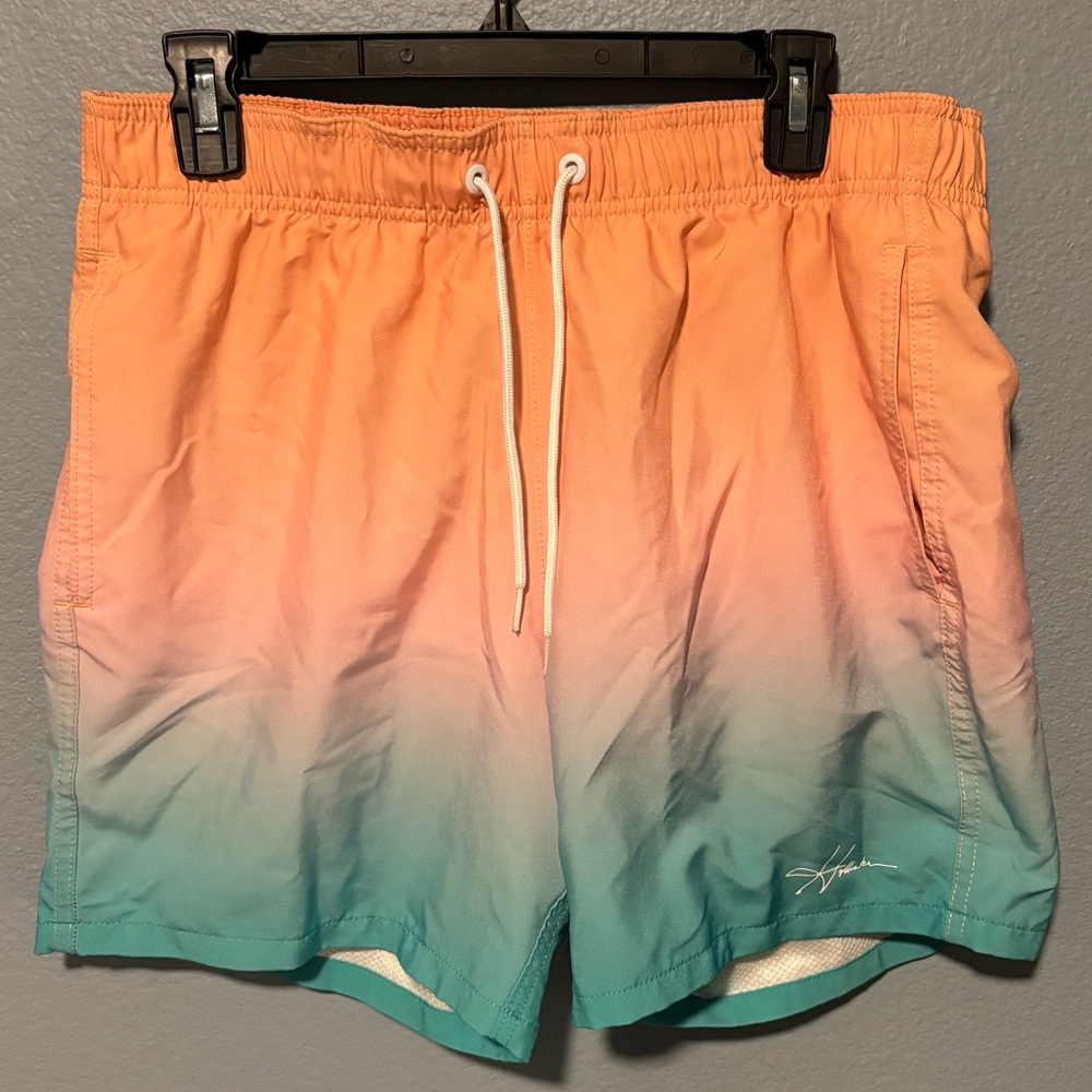 Hollister Stretch Athletic Swim Shorts Orange and Teal Medium